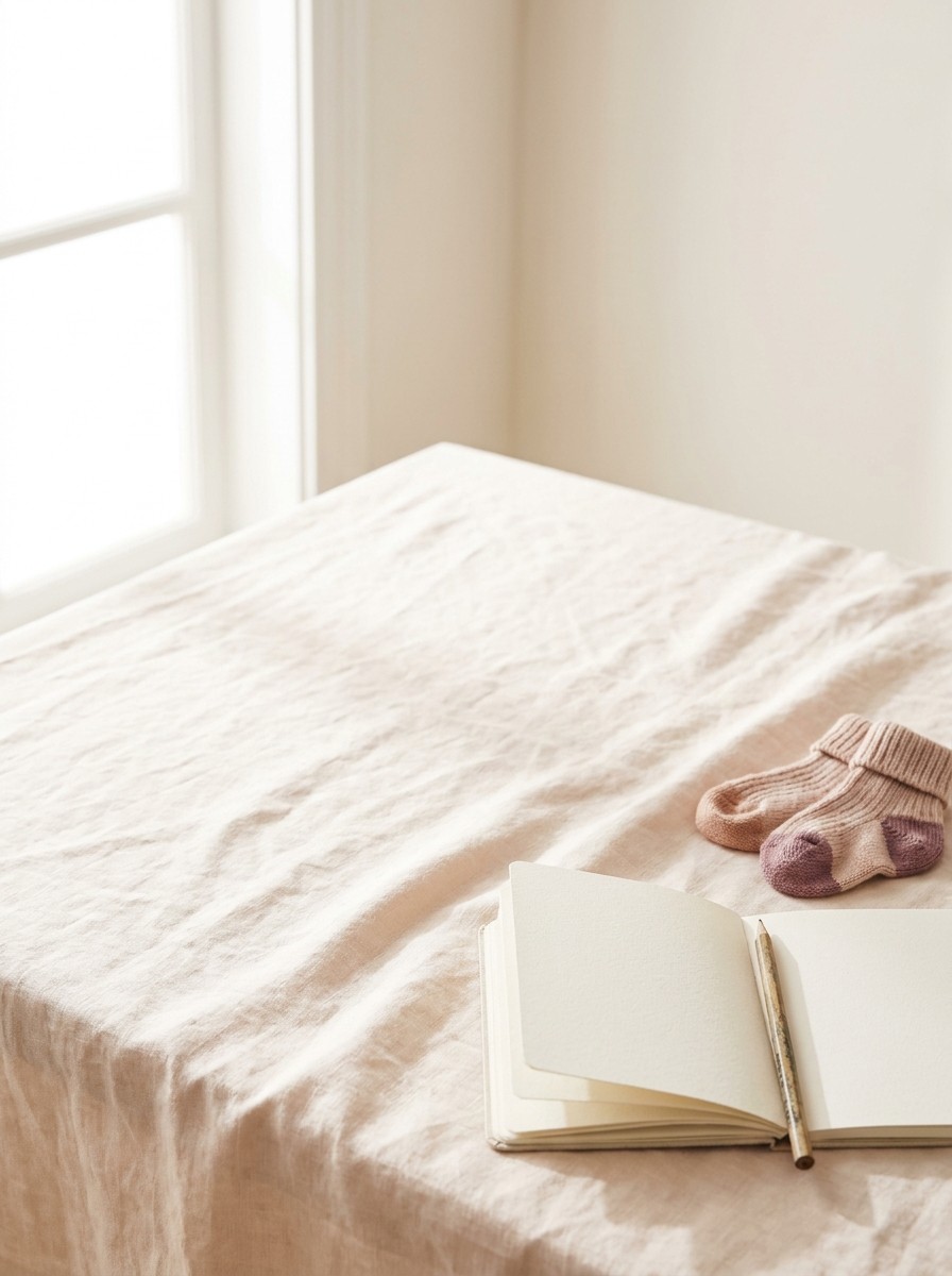 An open blank notebook with a pencil and a pair of tiny knitted baby socks on blush linen, with open space at upper left.