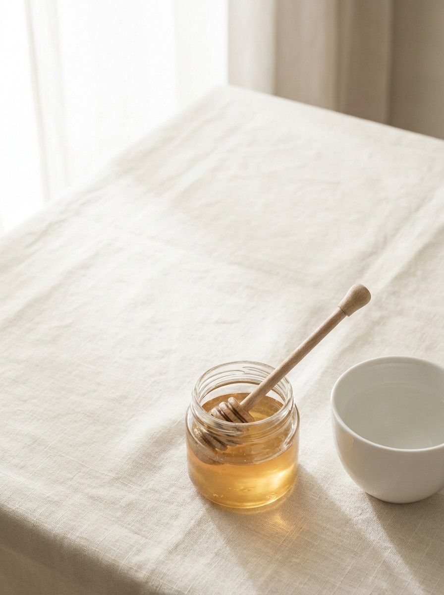 A small unlabeled jar of honey with a wooden dipper and a white porcelain cup pushed to the lower-right of cream linen, the upper-left left empty in soft window light.