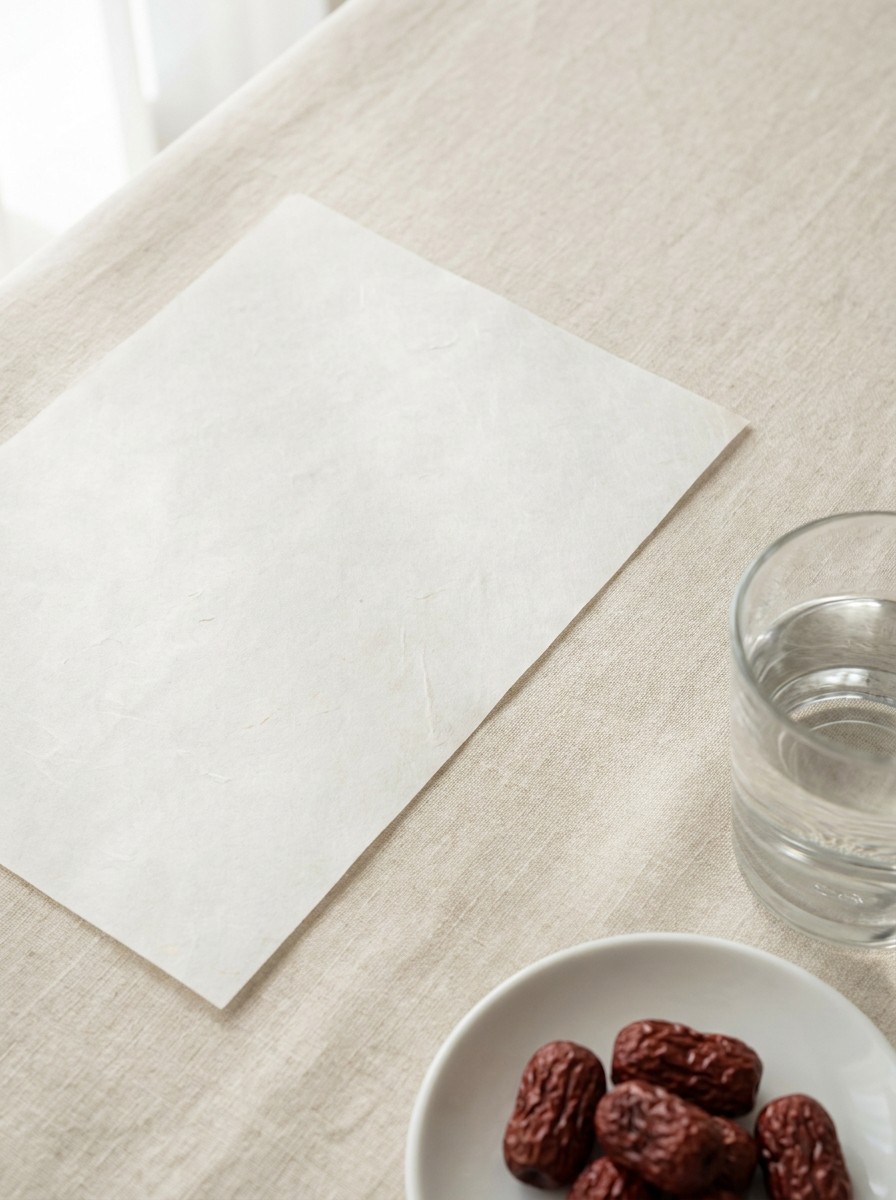 A glass of water and a small white porcelain dish of dried jujubes pushed to the lower-right of hanji paper on cream linen, the upper-left left empty.