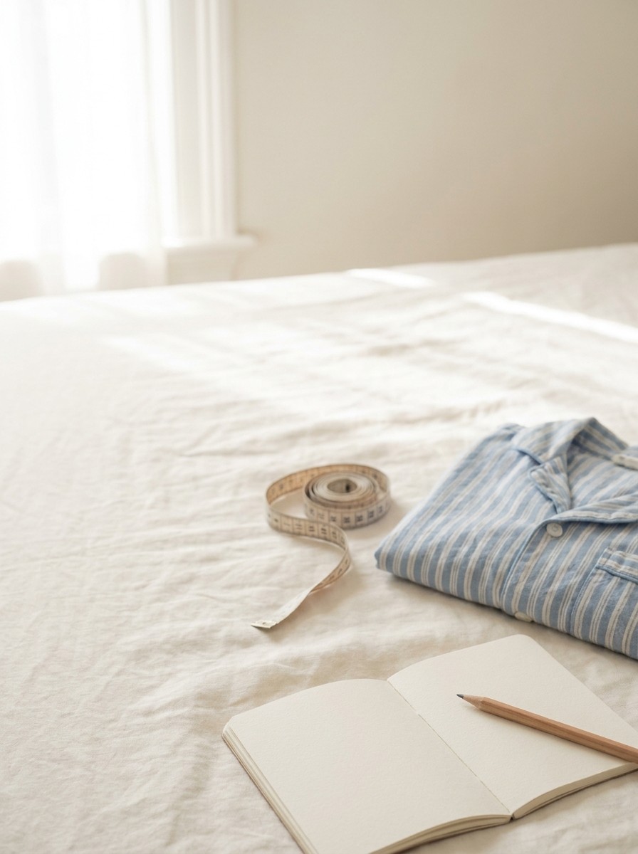 A rolled fabric measuring tape, a folded striped child's pajama top and an open blank notebook with a pencil on cream linen bedding, with open space at upper left.