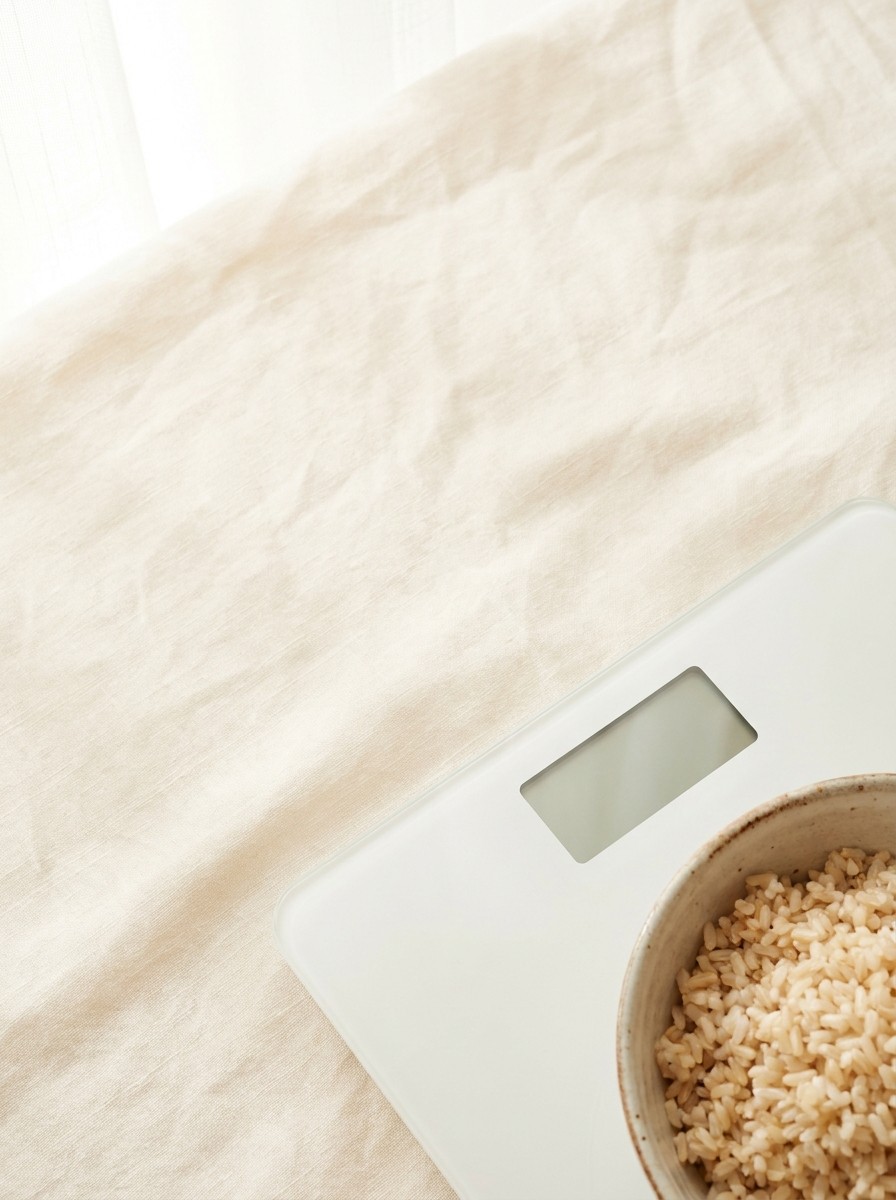 The corner of a white bathroom scale with a blank display and a ceramic bowl of brown rice pushed to the lower-right of cream linen, the upper-left left empty.