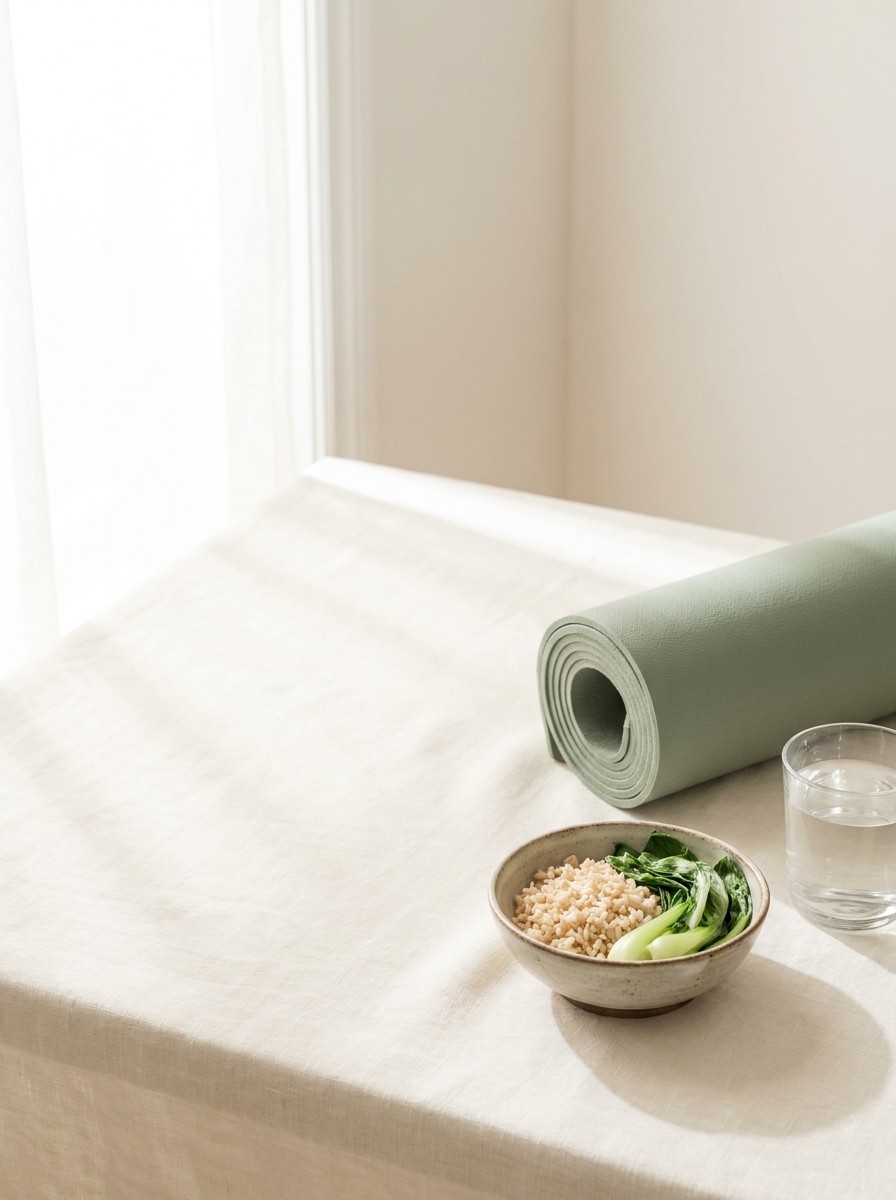 The corner of a rolled sage-green yoga mat, a small bowl of brown rice with greens and a glass of water pushed to the lower-right of cream linen, the upper-left left empty.
