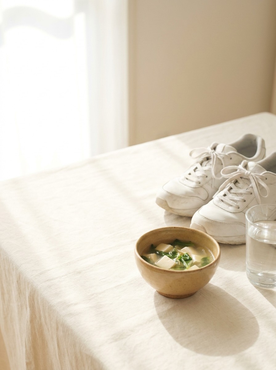 A small ceramic bowl of tofu and greens soup, a pair of white walking sneakers and a glass of water pushed to the lower-right of cream linen, the upper-left left empty in morning light.