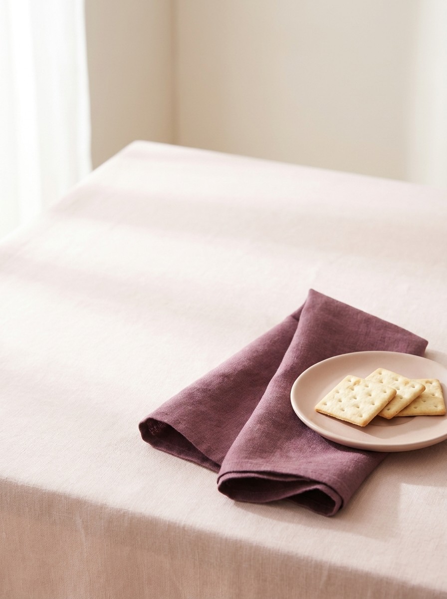 A few plain square crackers on a small blush saucer resting on a folded plum linen napkin at lower right, with open blush linen surface at upper left.