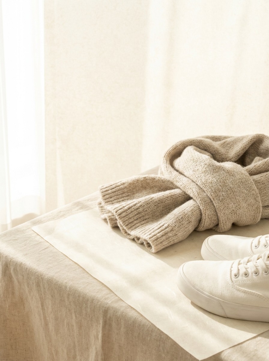 A folded oatmeal knit scarf and a pair of white walking sneakers pushed to the lower-right of cream hanji paper, the upper-left left empty in soft window light.