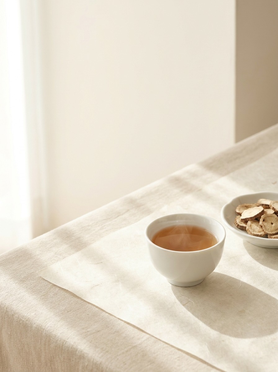 A white porcelain cup of warm tea and a small dish of dried bellflower root slices pushed to the lower-right of cream hanji paper, the upper-left left empty.