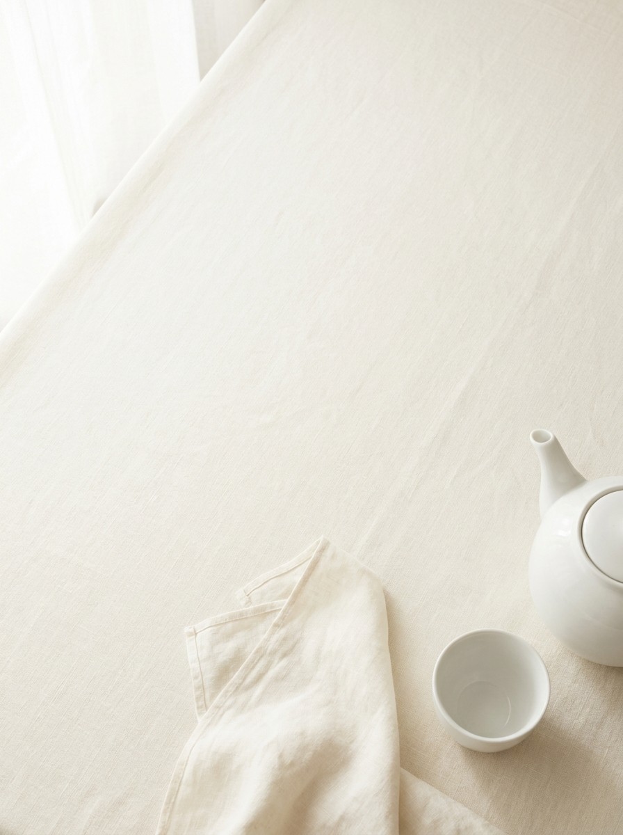 A folded linen scarf, a white porcelain teapot and a small cup pushed to the lower-right of cream linen, the upper-left left empty in soft window light.