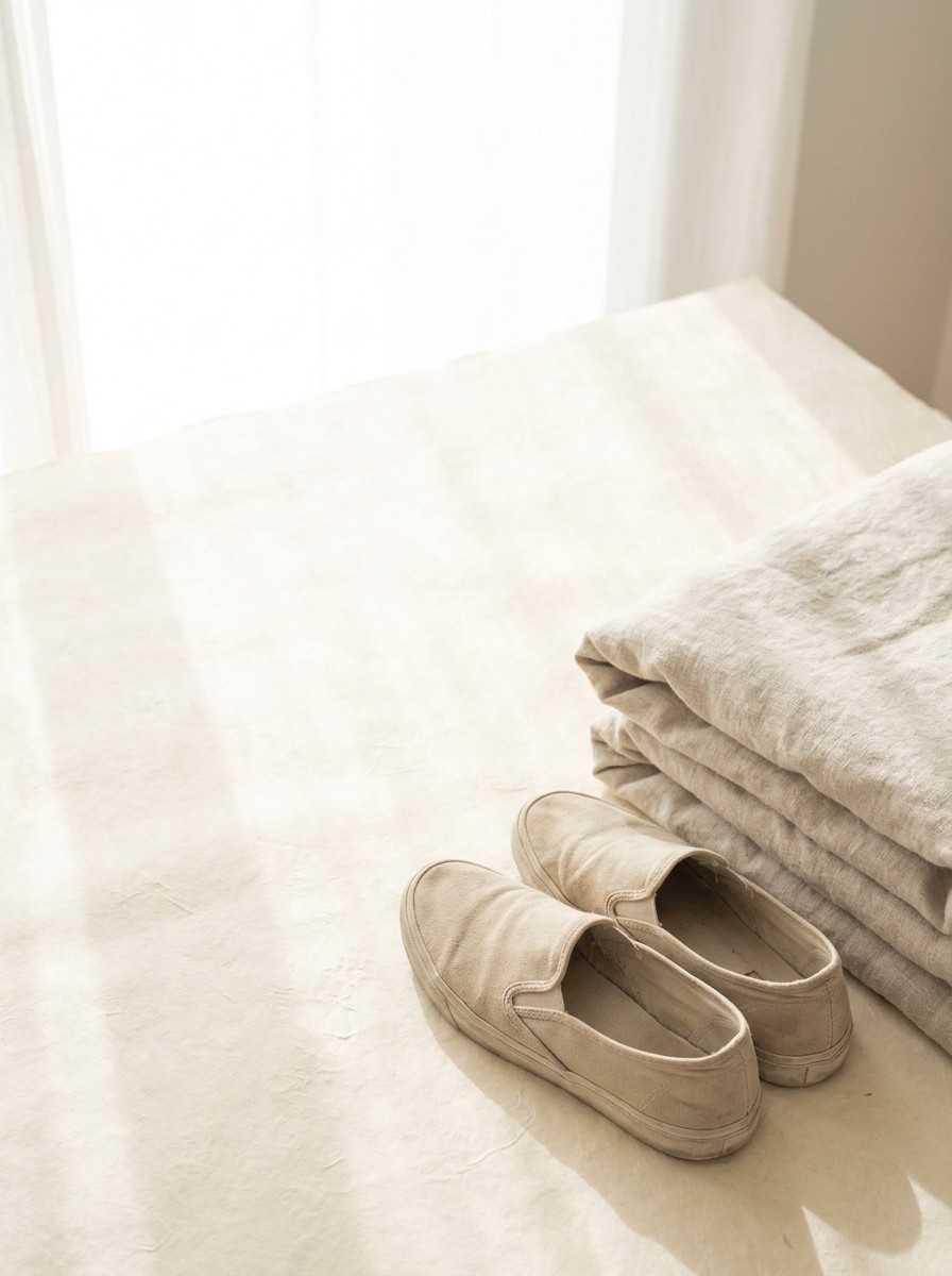 A pair of plain canvas slip-on shoes and a folded linen blanket pushed to the lower-right of cream rice paper, the upper-left left empty in soft morning light.