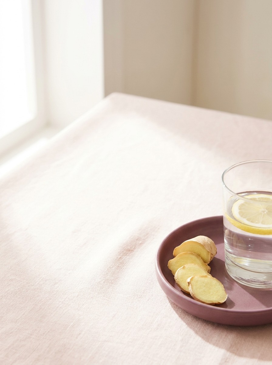 Thin slices of fresh ginger on a small plum ceramic dish beside a glass of water with a lemon slice at lower right, with open blush linen surface at upper left.