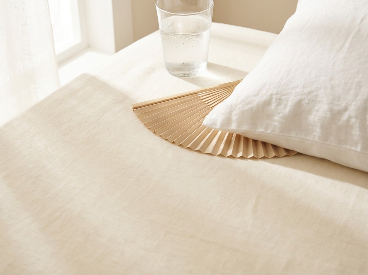 A folded wooden hand fan, a glass of cold water and the corner of a white linen pillow grouped on cream linen bedding in soft morning window light.