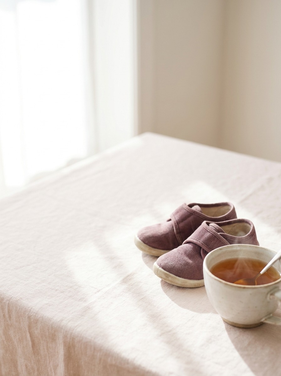 A pair of worn toddler shoes and a cup of warm tea on blush linen, with open space at upper left.