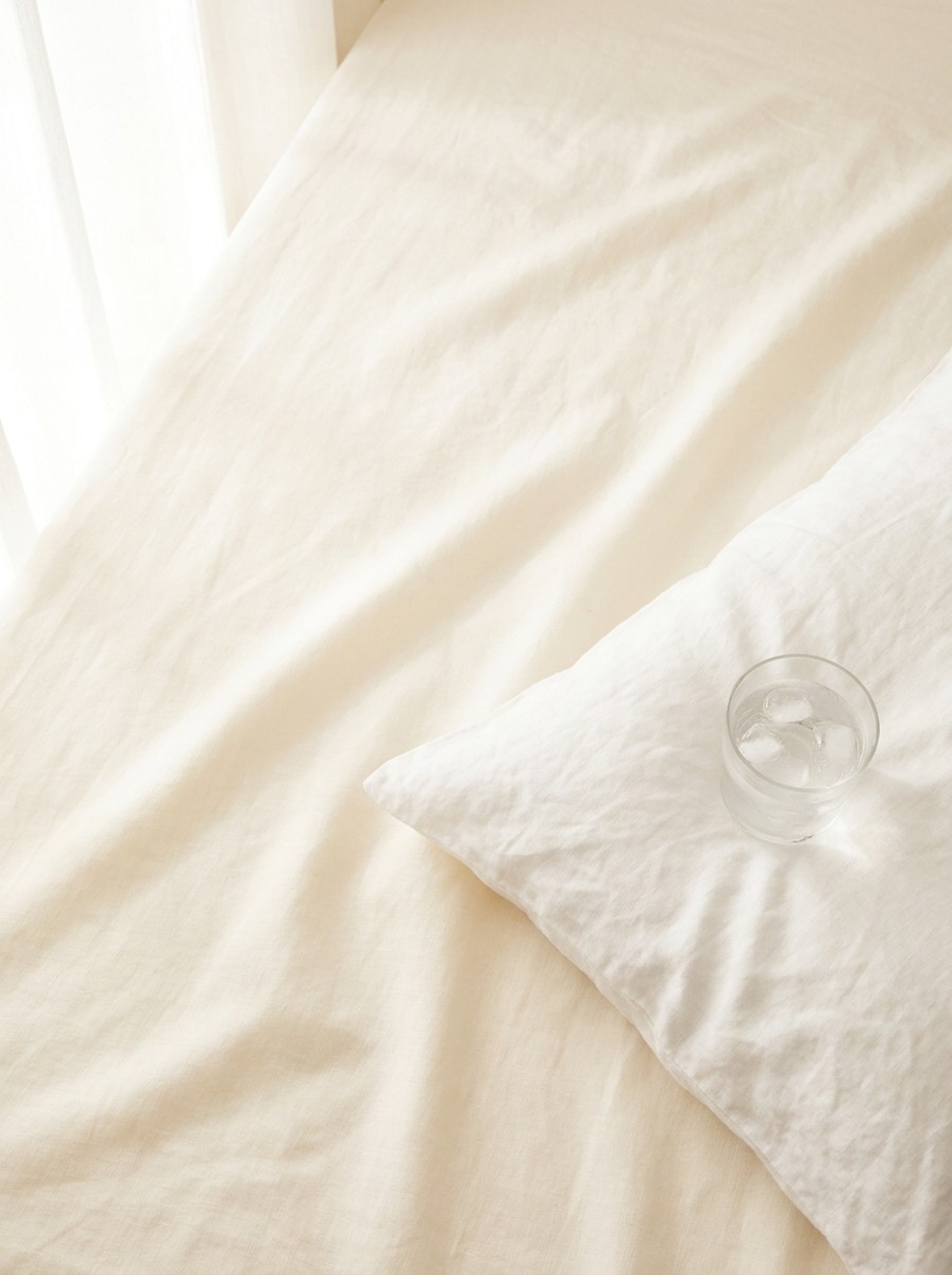 The corner of a white linen pillow with a glass of cold water resting on it, pushed to the lower-right of cream bedding, the upper-left left empty in soft light.