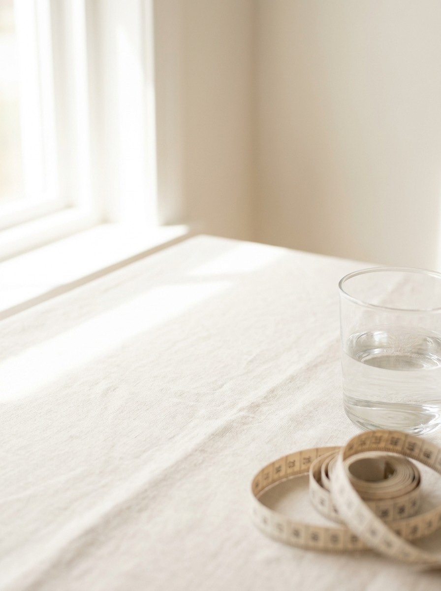 A loosely coiled cloth tape measure and a glass of water pushed to the lower-right of cream linen, the upper-left left empty in soft window light.