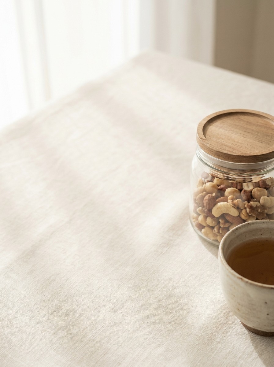 A closed glass jar of mixed nuts with a wooden lid and a cup of warm barley tea pushed to the lower-right of cream linen, the upper-left left empty.