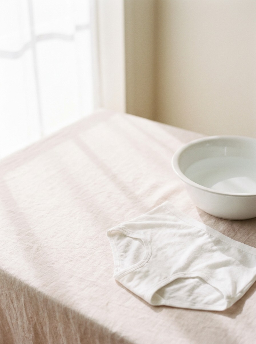 Folded white cotton underwear and a small white basin of lukewarm water on blush linen, with open space at upper left.