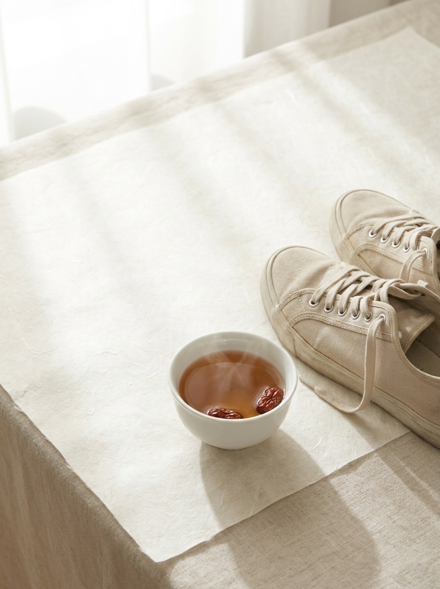 A pair of beige canvas sneakers and a white porcelain cup of jujube tea pushed to the lower-right of cream hanji paper, the upper-left left empty.