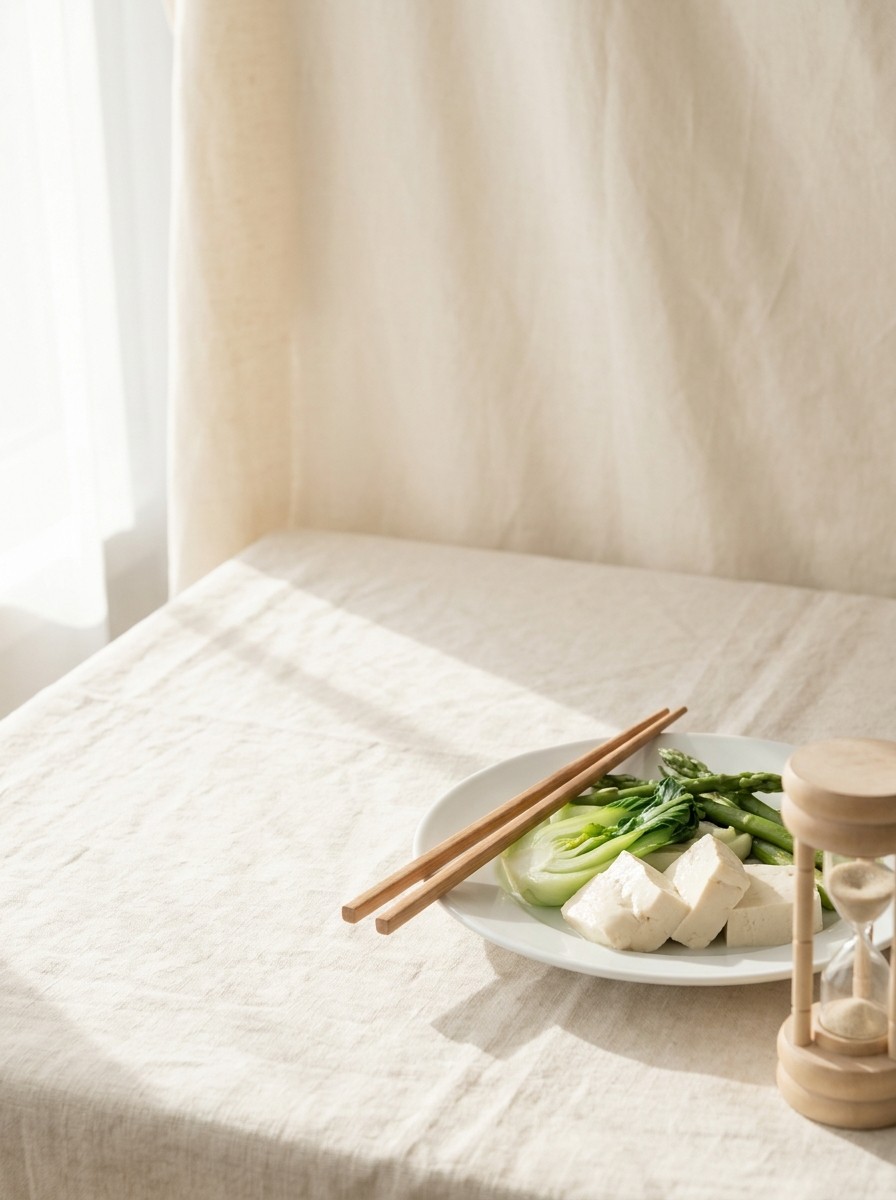 A white plate of soft tofu and blanched greens with wooden chopsticks and a plain wooden hourglass pushed to the lower-right of cream linen, the upper-left left empty in morning light.