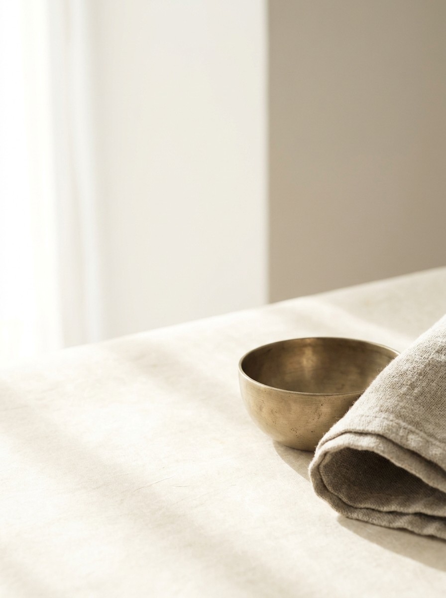 A brass bowl and a folded linen blanket pushed to the lower-right of cream rice paper, the upper-left left empty in soft light.
