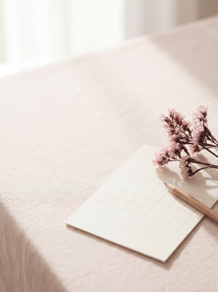 A blank paper calendar grid, a pencil and a sprig of pale pink flowers on blush linen, with open space at upper left.