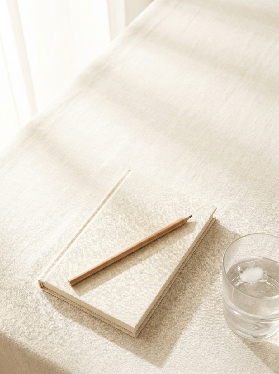A closed linen notebook with a wooden pencil and a glass of water pushed to the lower-right of cream linen, the upper-left left empty in soft window light.