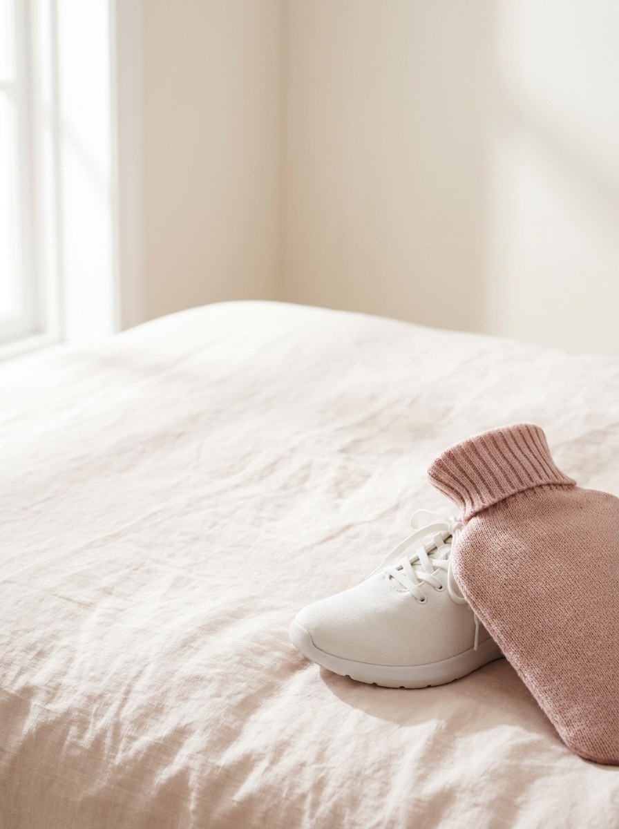 A white walking sneaker and a hot water bottle in a knitted blush cover on blush linen bedding, with open space at upper left.