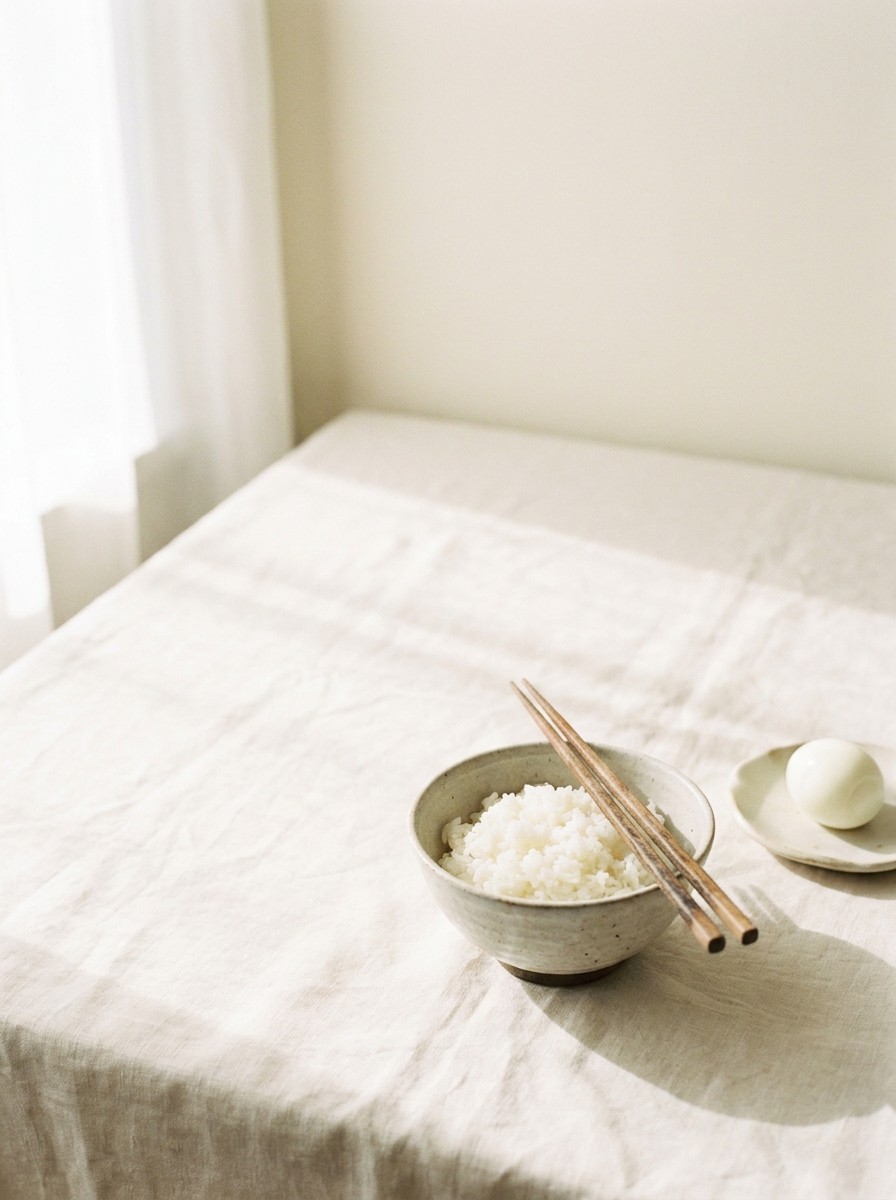 A small ceramic bowl of rice with wooden chopsticks and a peeled boiled egg pushed to the lower-right of cream linen in morning light, the upper-left left empty.