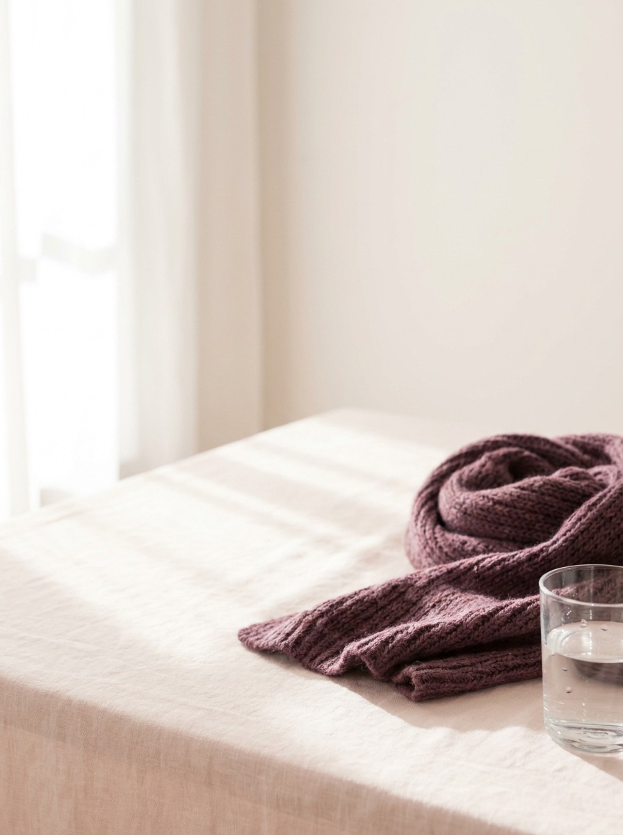A coiled plum knit scarf and a glass of water on blush linen, with open space at upper left.