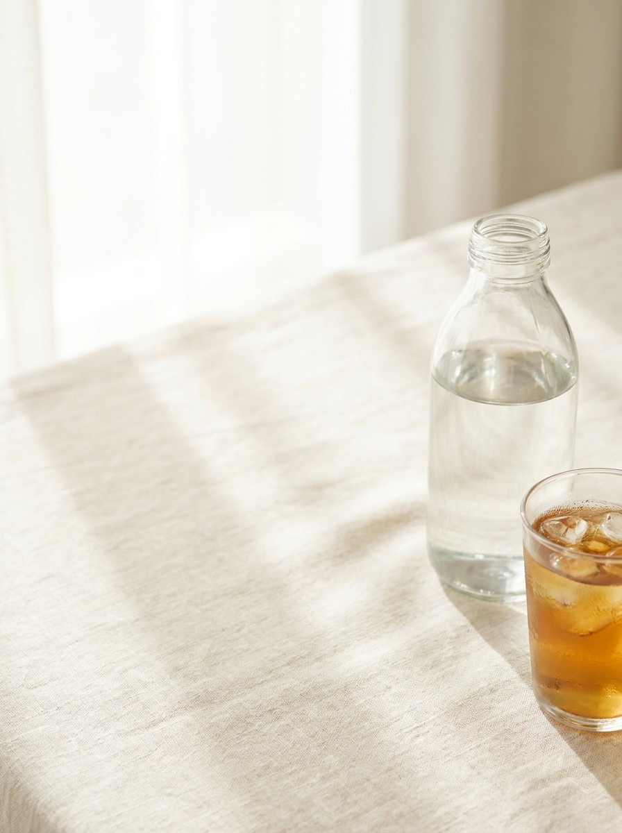 An unlabeled glass bottle of water and a glass of iced barley tea pushed to the lower-right of cream linen, the upper-left left empty in soft window light.