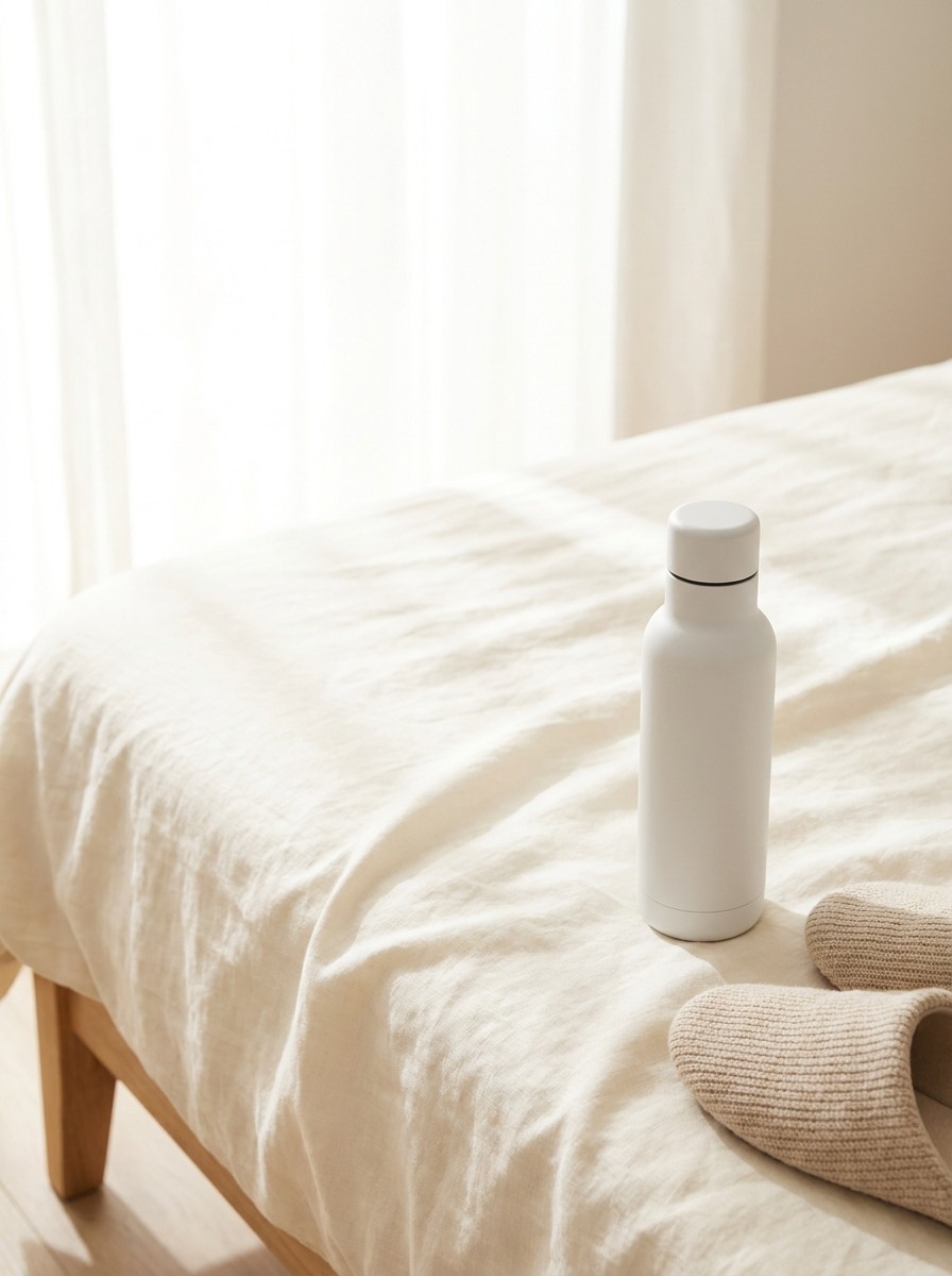 A plain white water bottle and a pair of beige indoor slippers pushed to the lower-right of cream linen, the upper-left left empty in soft window light.