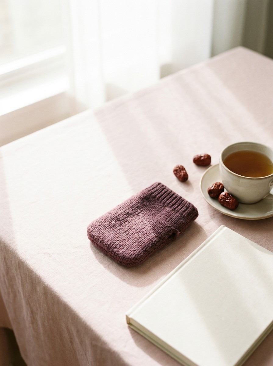 A plum knit hand warmer, a cup of tea on a saucer with dried jujubes and a plain cream notebook grouped at lower right on blush linen, with open space at upper left.