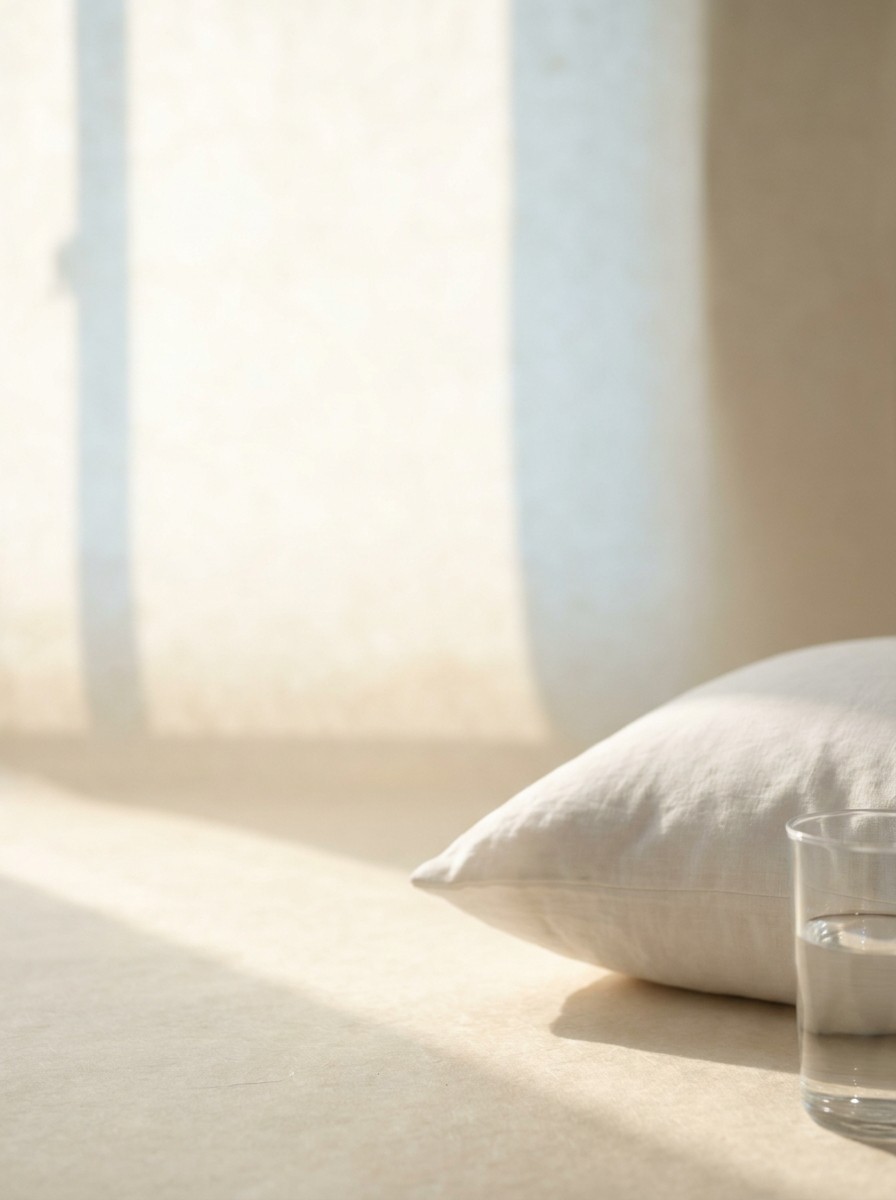 The corner of a white linen pillow and a glass of water pushed to the lower-right of cream rice paper, the upper-left left empty in soft morning light.