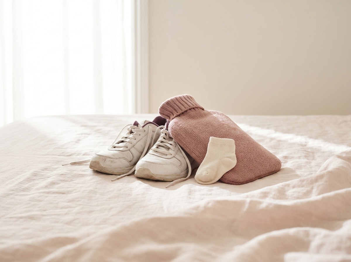 White walking sneakers, a hot water bottle in a knitted blush cover and a tiny toddler sock grouped on blush linen bedding in soft window light.