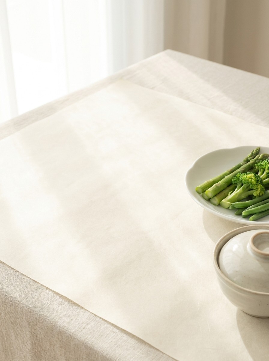 A white porcelain dish of blanched greens and a covered rice bowl pushed to the lower-right of cream hanji paper, the upper-left left empty in soft window light.