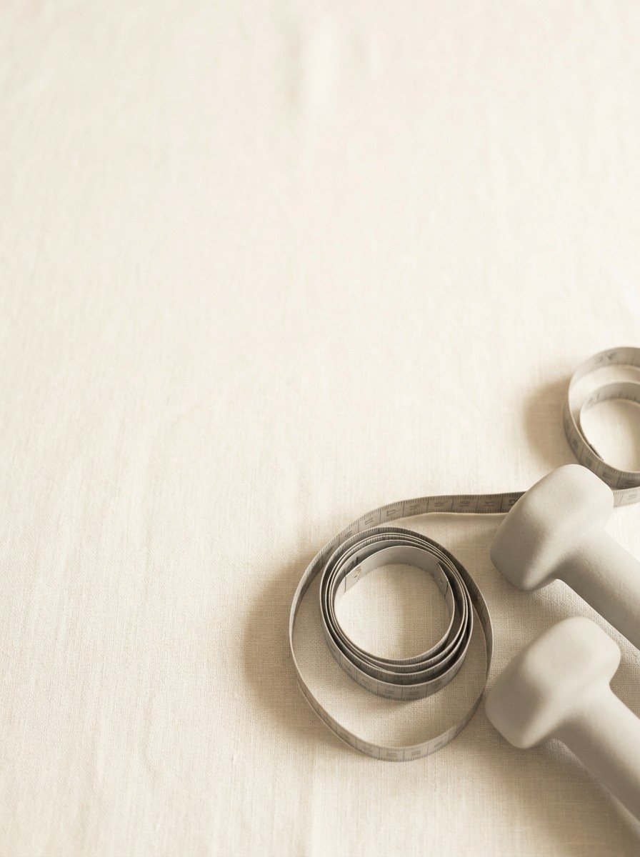 A loosely coiled cloth measuring tape and a pair of small light-grey dumbbells pushed to the lower-right of cream linen, the upper-left left empty in soft window light.