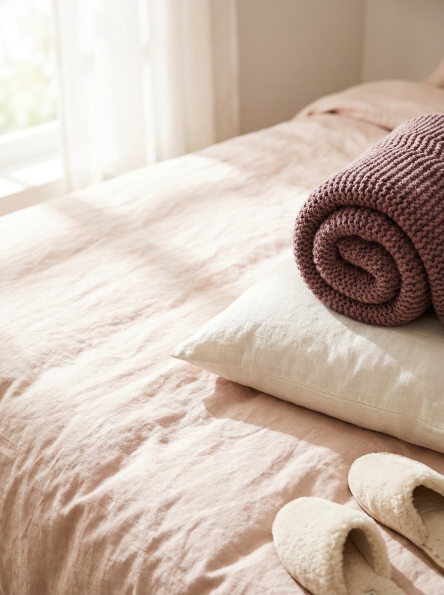 A rolled plum knit blanket resting on a cream linen cushion and a pair of soft cream slippers on blush linen bedding, with open space at upper left.