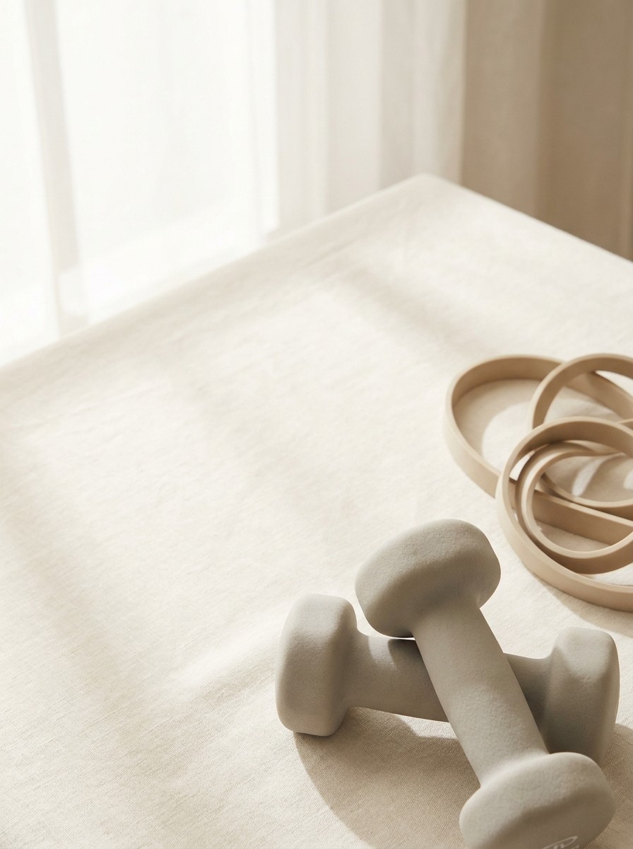 A pair of small light-grey dumbbells and a coiled beige resistance band pushed to the lower-right of cream linen, the upper-left left empty in soft window light.