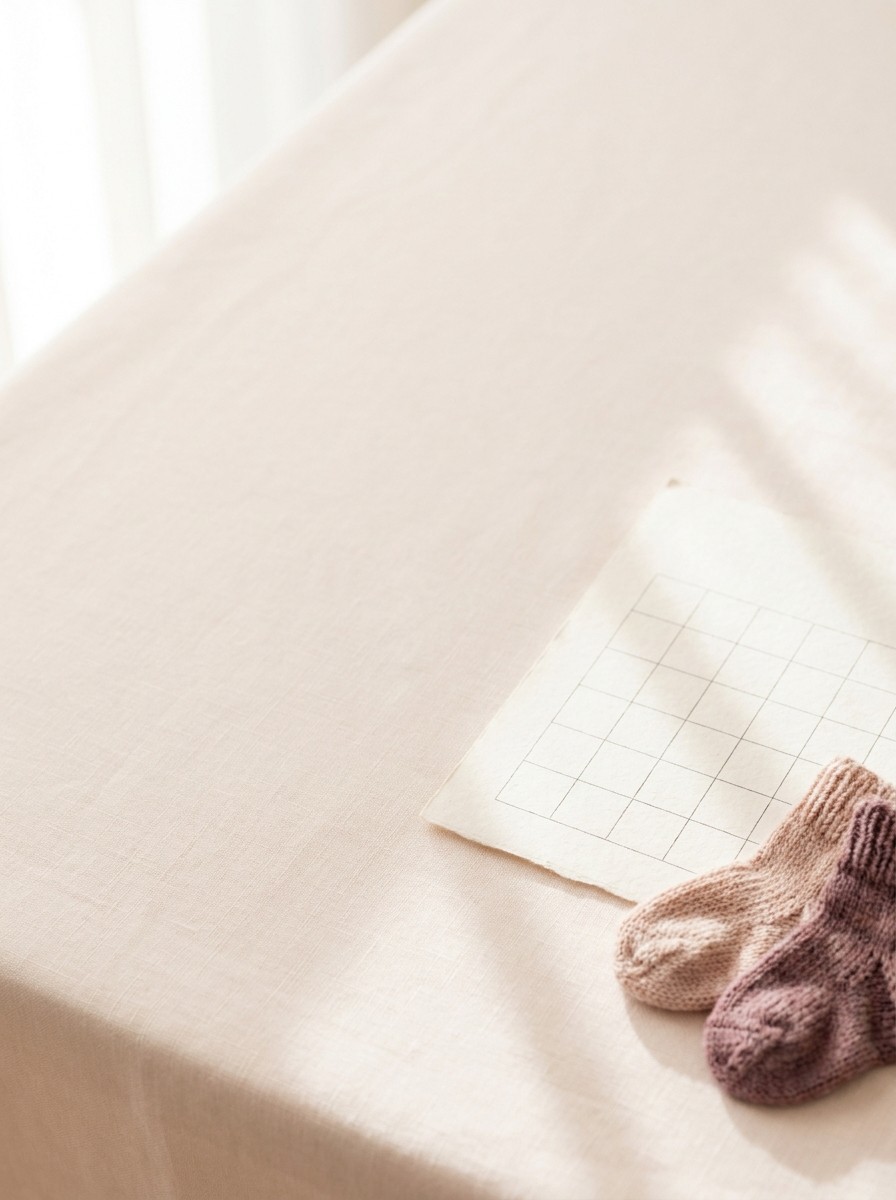 A blank paper calendar grid and a tiny pair of knitted newborn socks on blush linen, with open space at upper left.