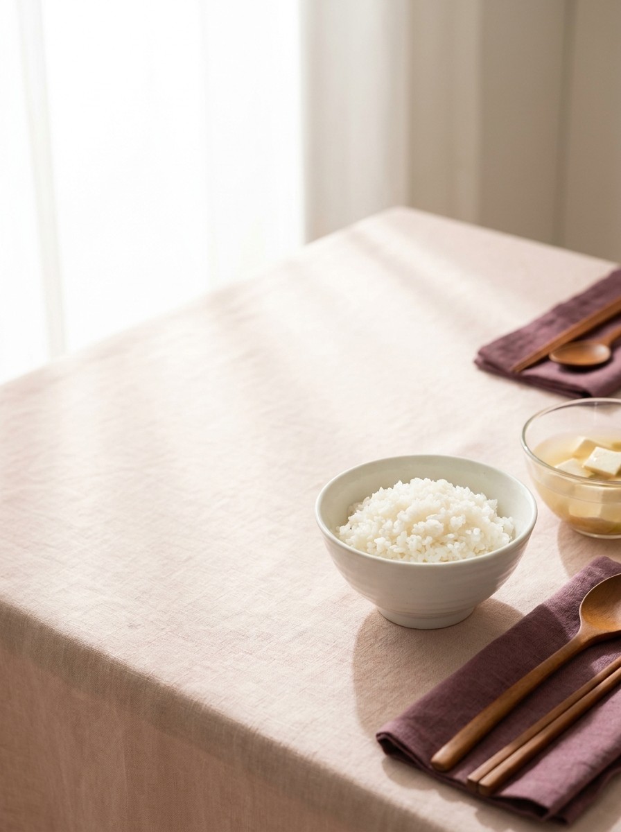 A bowl of steamed rice, a small bowl of tofu soup and wooden spoons with chopsticks on plum linen napkins, grouped at lower right on blush linen with open space at upper left.