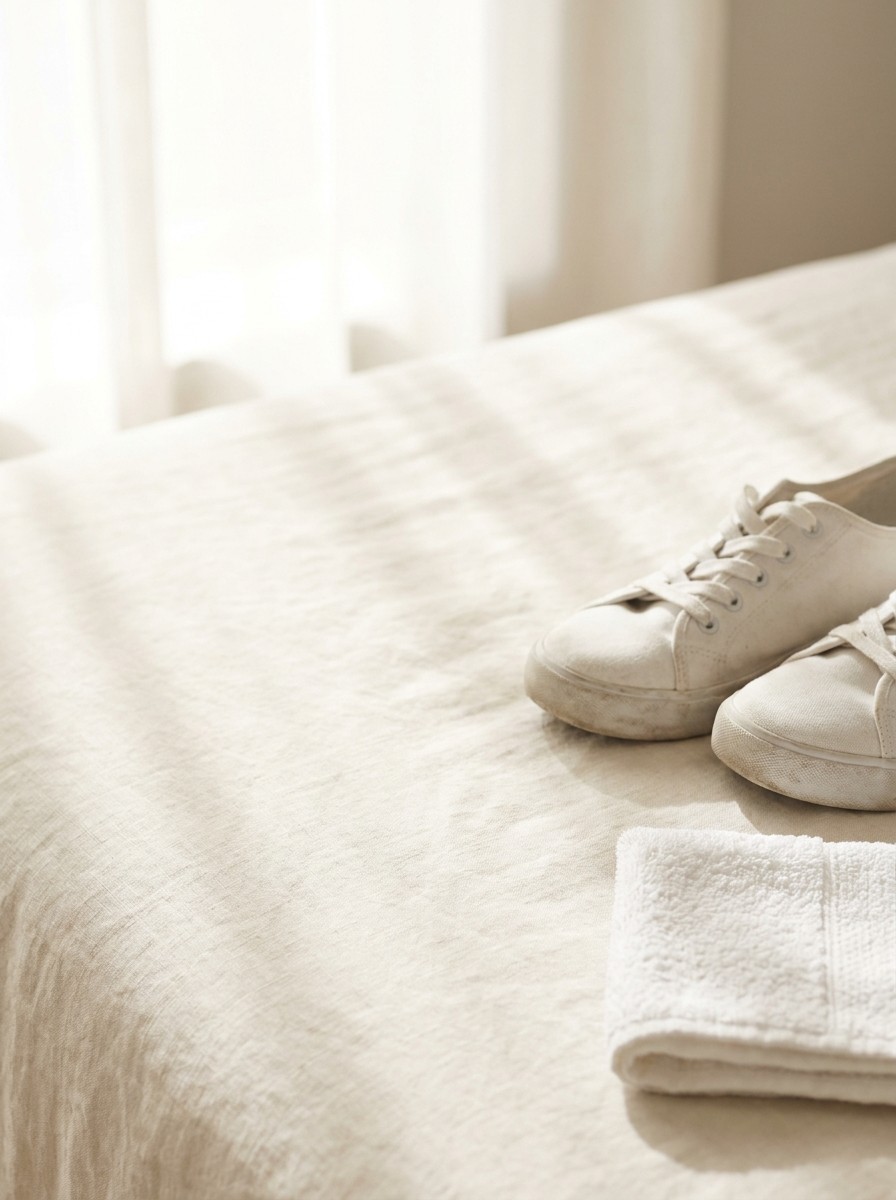 A pair of white walking sneakers and a folded white towel pushed to the lower-right of cream linen, the upper-left left empty in soft window light.
