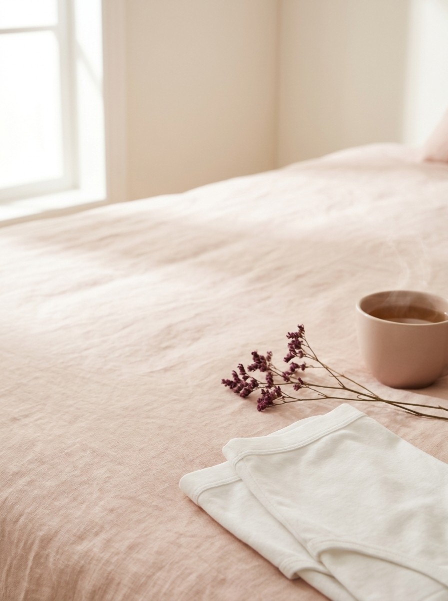 Two folded white cotton underwear, a sprig of dried plum flowers and a cup of warm tea on blush linen, with open space at upper left.