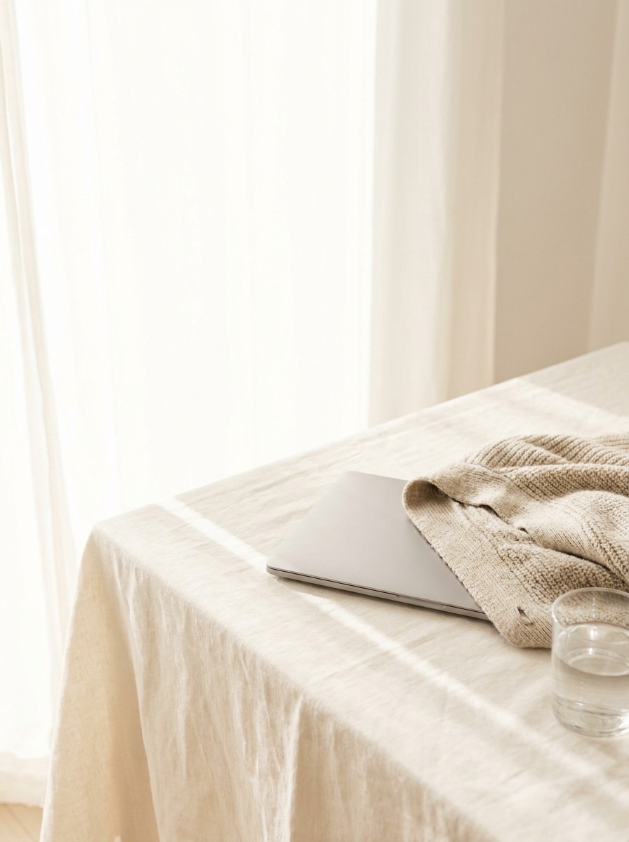 The corner of a closed laptop, a folded knit cardigan and a glass of water pushed to the lower-right of cream linen, the upper-left left empty.