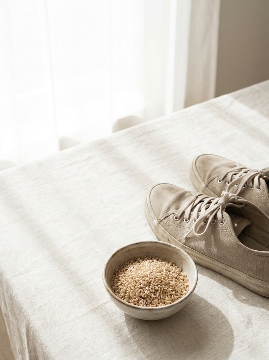 A pair of beige walking sneakers and a small ceramic bowl of brown rice pushed to the lower-right of cream linen, the upper-left left empty.