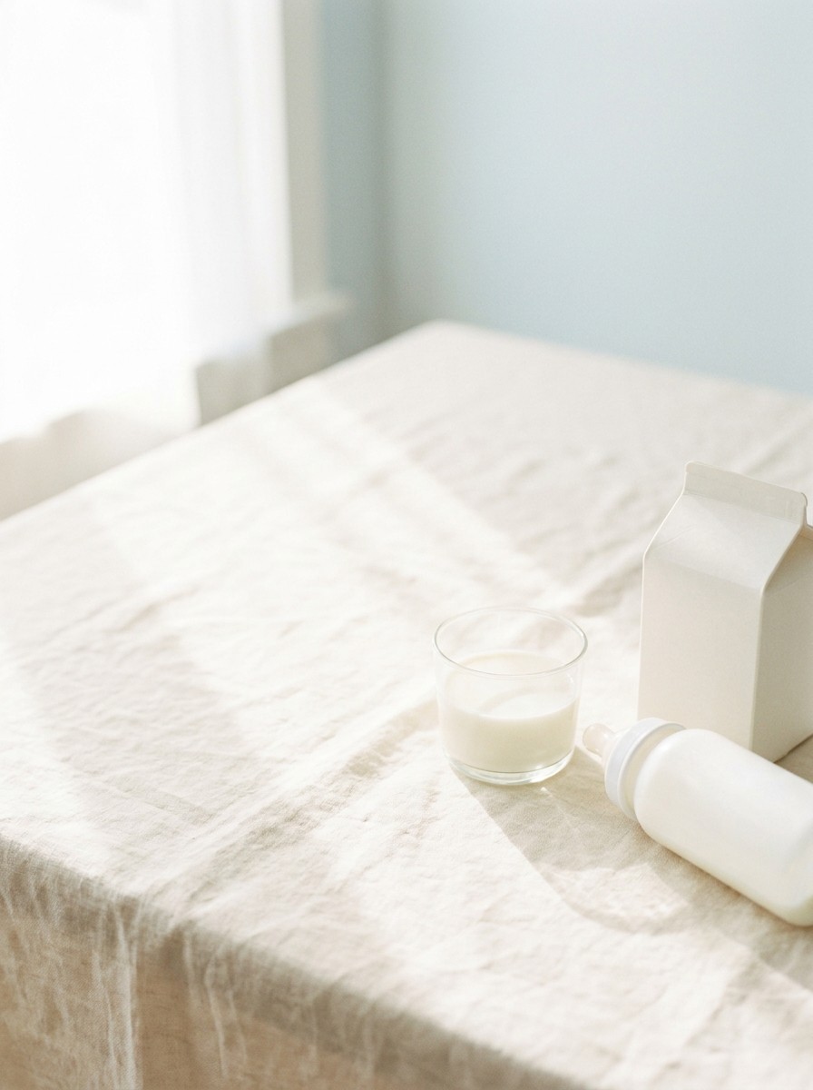 A small clear glass cup of milk, a plain white baby bottle lying on its side and an unlabeled white milk carton on a cream linen tablecloth, with open space at upper left.