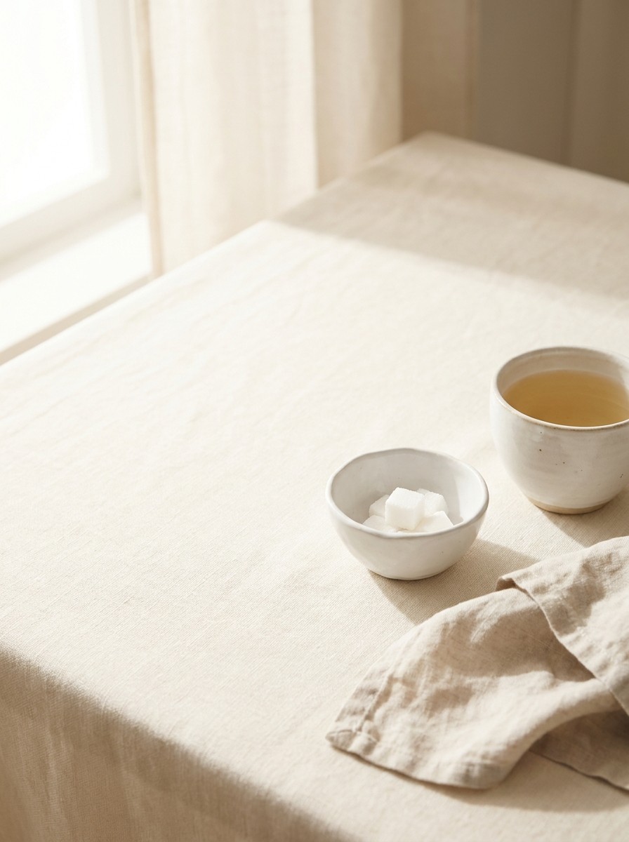 A small white dish of sugar cubes, a cup of pale roasted grain tea and a linen napkin pushed to the lower-right of cream linen, the upper-left left empty.