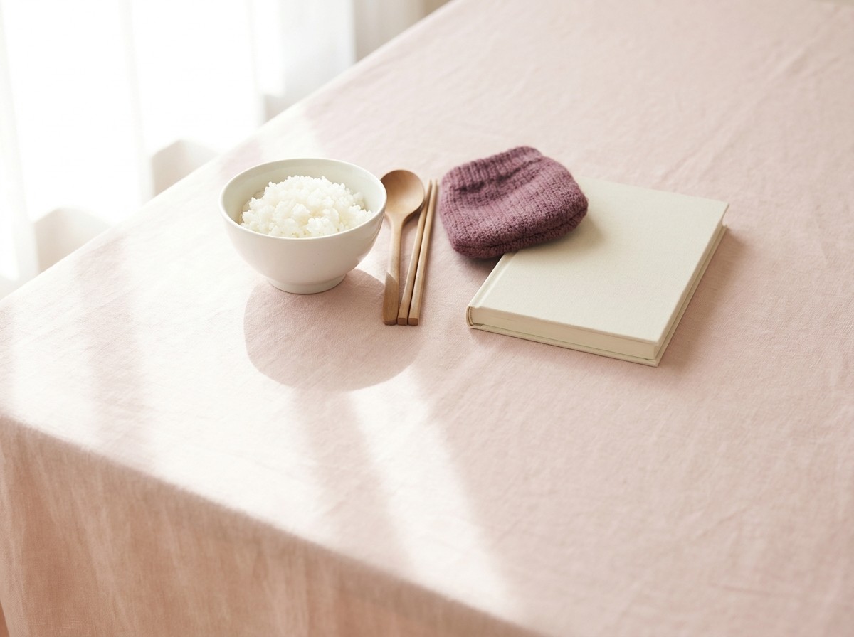 A white bowl of steamed rice with a wooden spoon and chopsticks, a plum knit hand warmer and a plain cream notebook grouped on blush linen in soft window light.