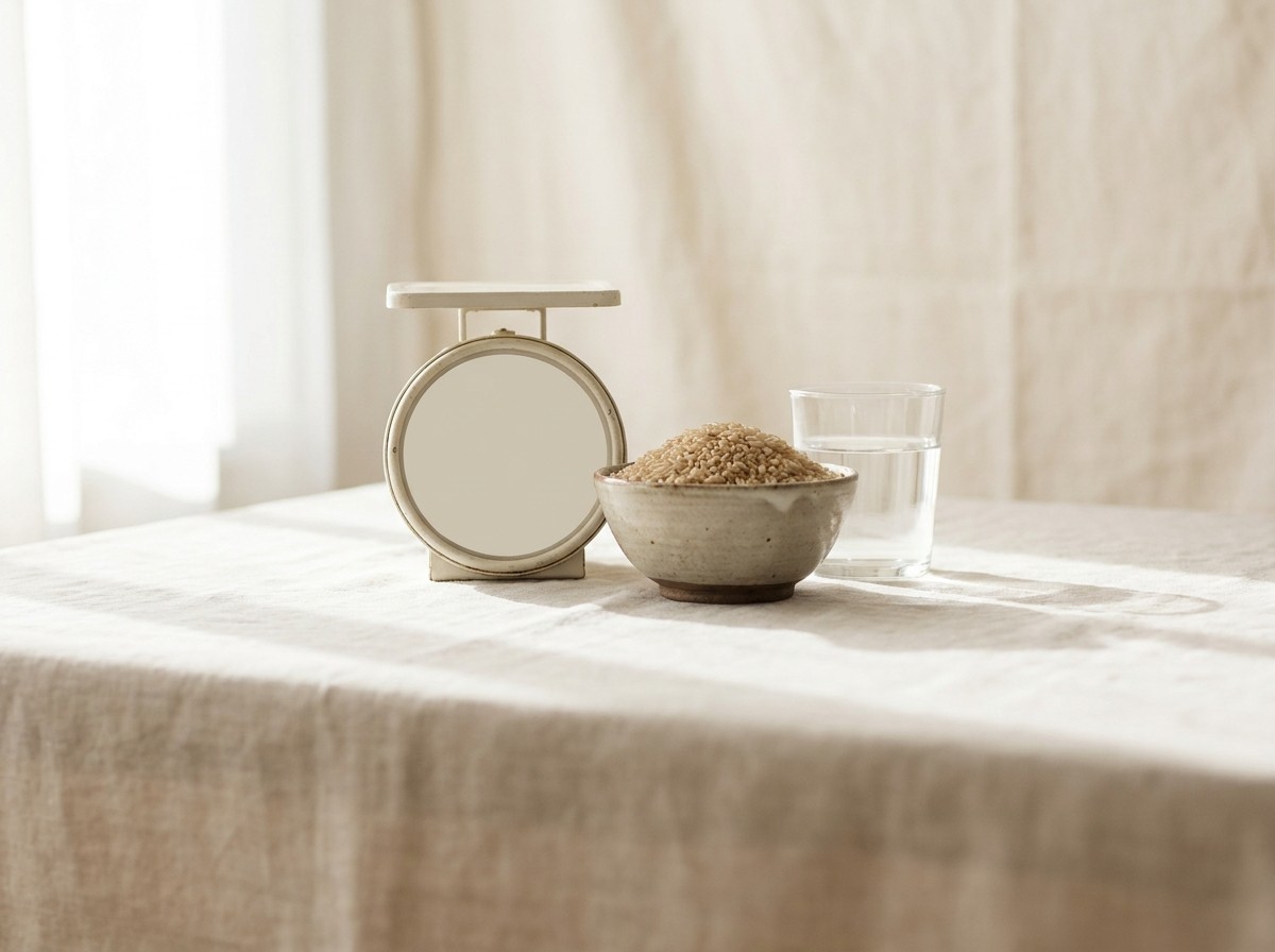 A small kitchen scale with a blank dial, a ceramic bowl of brown rice and a glass of water grouped on cream linen in soft window light, with open linen below.