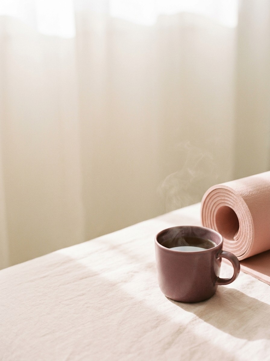 The end of a rolled blush yoga mat and a cup of warm tea on blush linen, with open space at upper left.