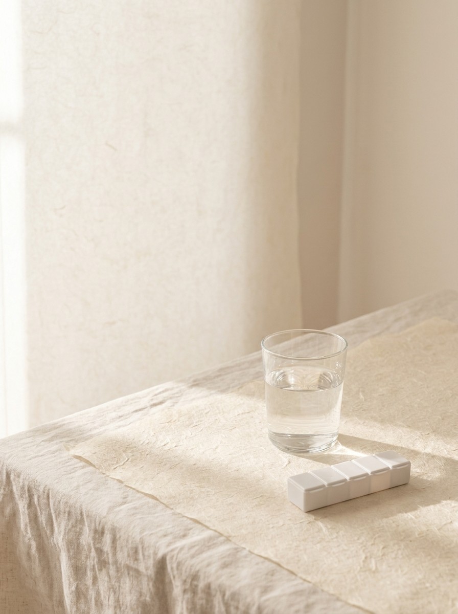 A glass of water and a closed white pill organizer pushed to the lower-right of cream hanji paper in early morning light, the upper-left left empty.