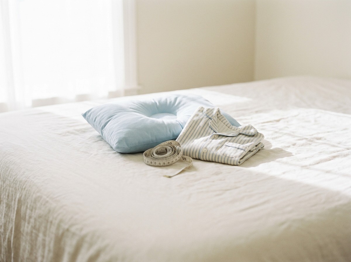 A small sky-blue child's pillow with a soft dent, folded striped children's pajamas and a rolled fabric measuring tape grouped on cream linen bedding in soft window light.