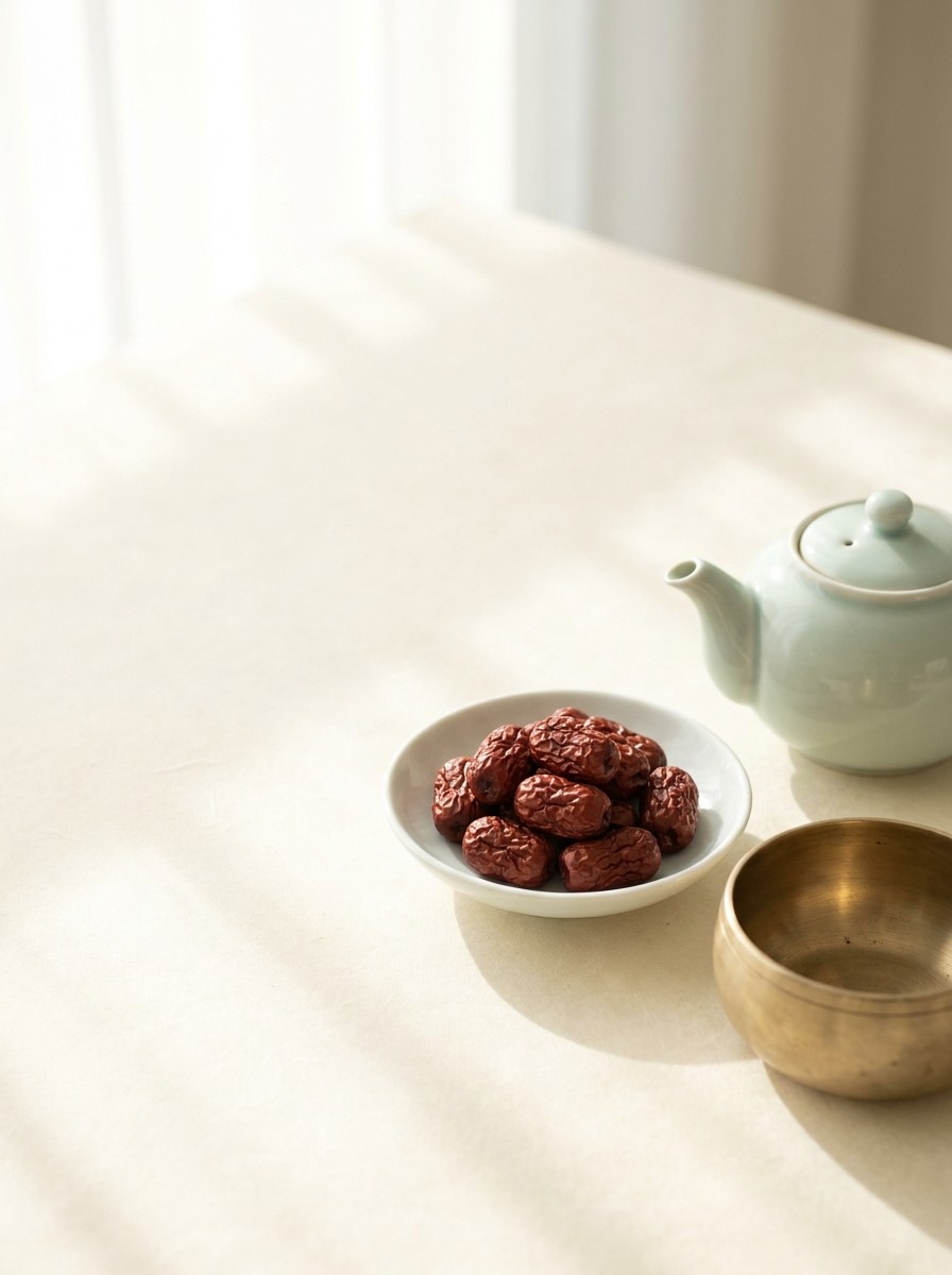 A pale celadon teapot, a porcelain dish of dried jujubes and a brass bowl pushed to the lower-right of cream rice paper, the upper-left left empty.